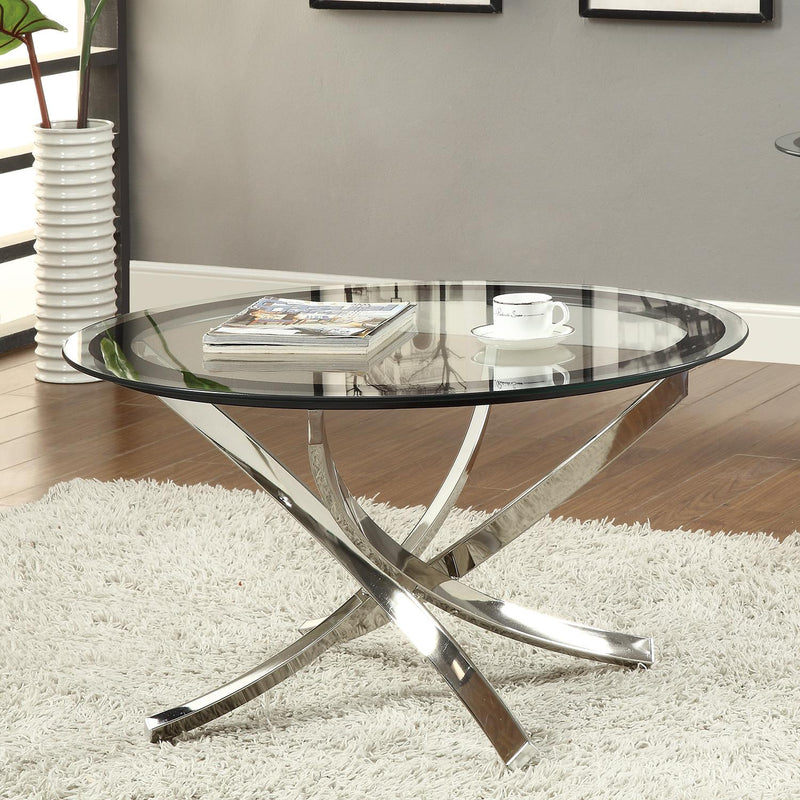 Coaster Furniture Brooke 702588 Round Glass Top Coffee Table Metal Base - Chrome IMAGE 2
