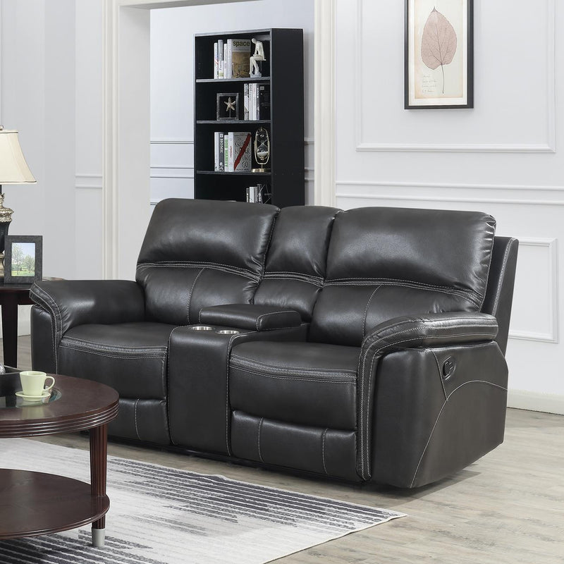Calgary Furniture Emporium Lousiana Power Reclining Leather Air Loveseat with Console 8299 L GR IMAGE 1