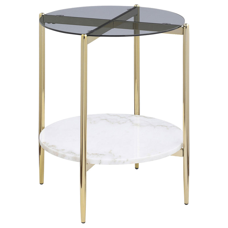 Coaster Furniture Jonelle 710337 Round Glass Top End Table - White Marble Shelf Gold IMAGE 1