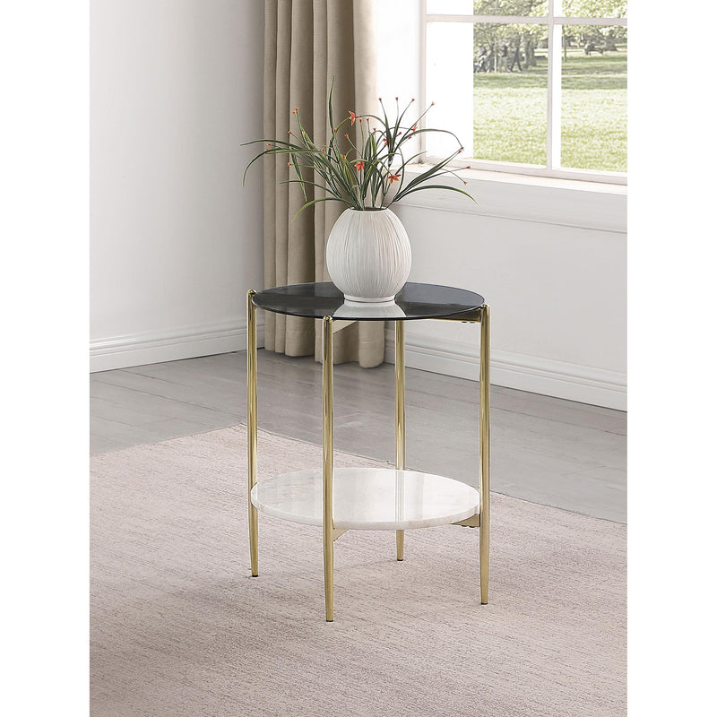 Coaster Furniture Jonelle 710337 Round Glass Top End Table - White Marble Shelf Gold IMAGE 2