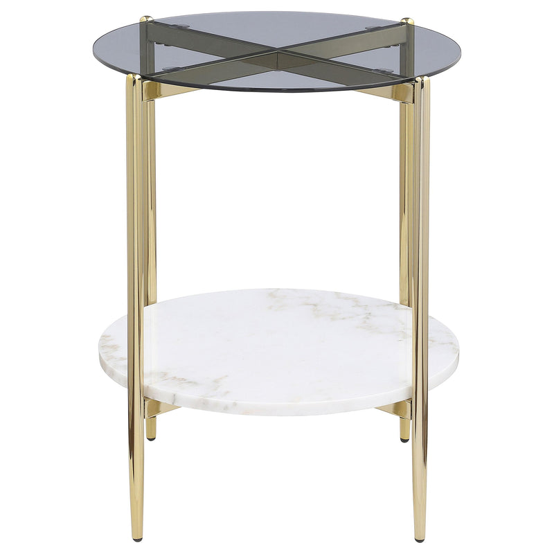 Coaster Furniture Jonelle 710337 Round Glass Top End Table - White Marble Shelf Gold IMAGE 3