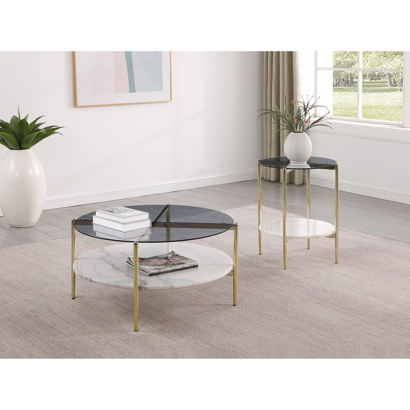 Coaster Furniture Jonelle 710337 Round Glass Top End Table - White Marble Shelf Gold IMAGE 5