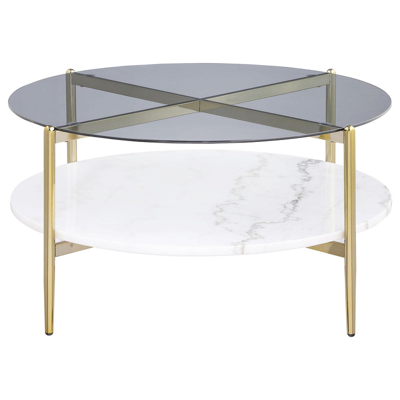 Coaster Furniture Jonelle 710338 Round Glass Top Coffee Table - White Marble Shelf Gold IMAGE 3