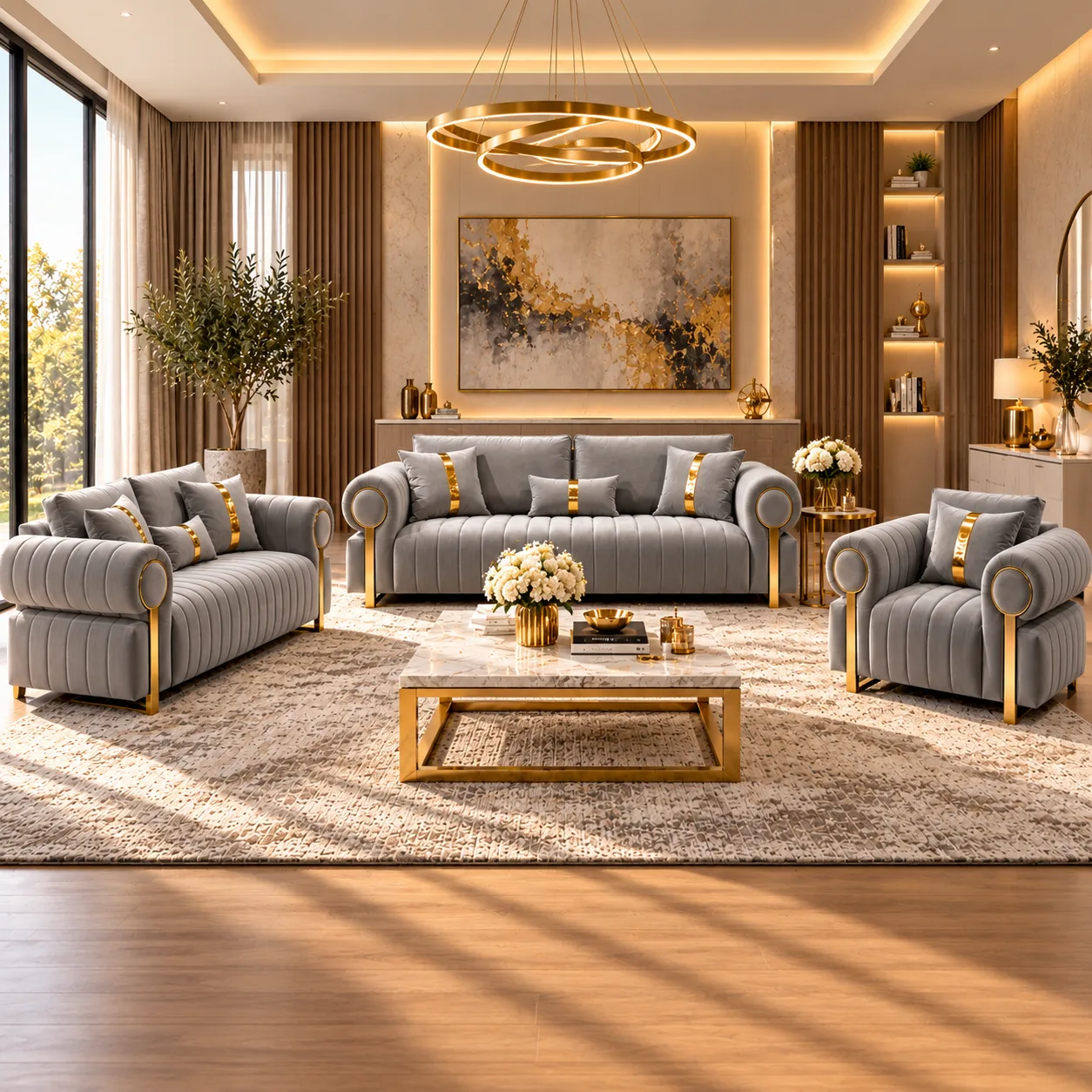 Aurelia Grey & Gold 3-piece Sofa Set