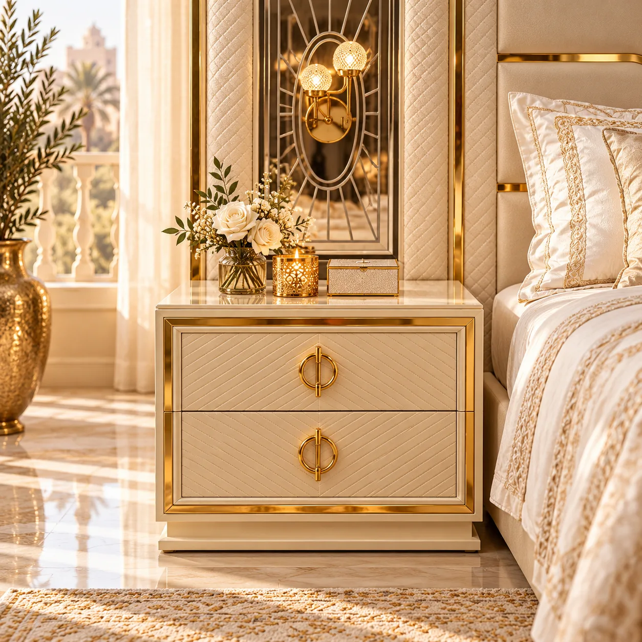Golden Chevron Nightstand In A Luxe Bedroom