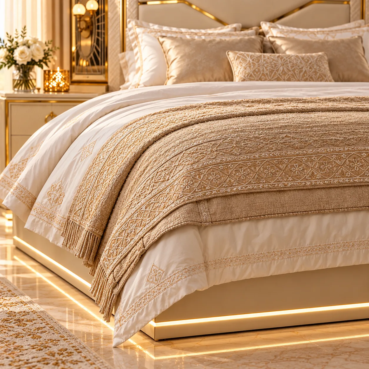 Golden Embroidered Bedroom Elegance